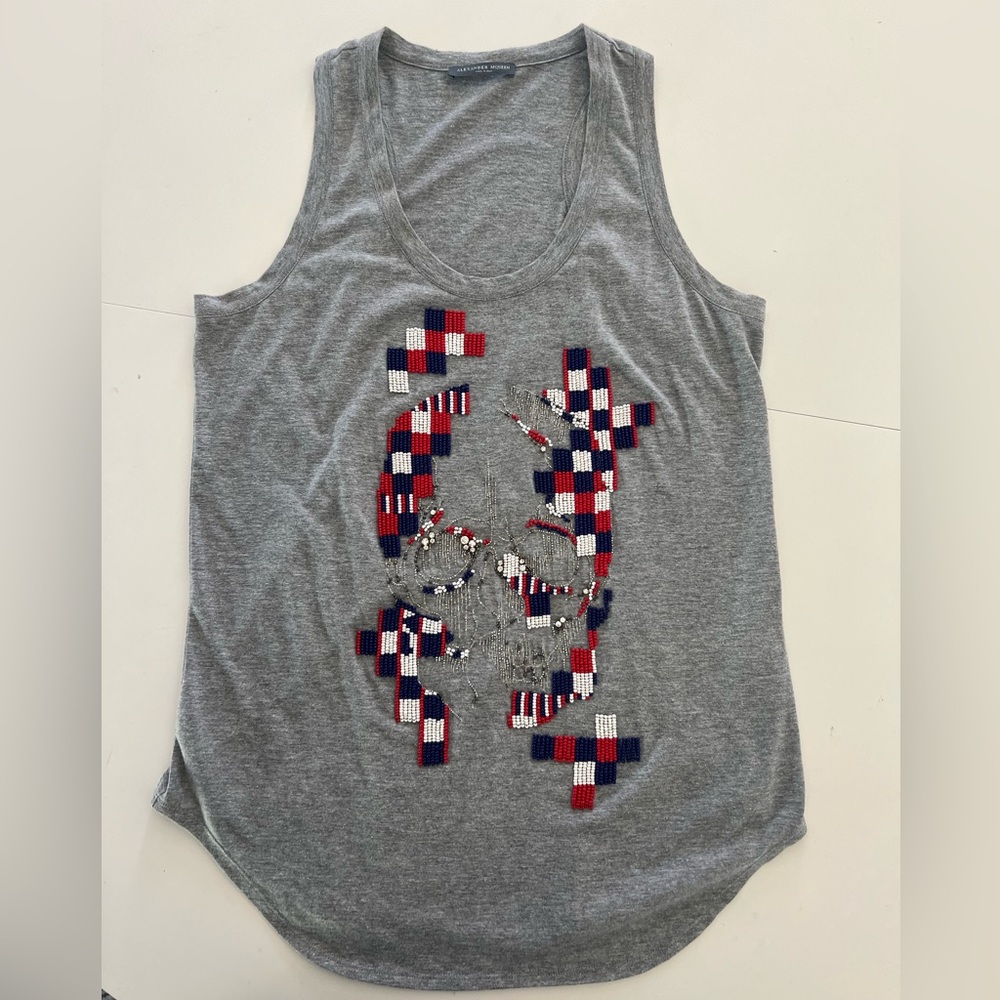 Alexander‎ McQueen Glass Beaded Skull Heather Gray Racerback Tank Top